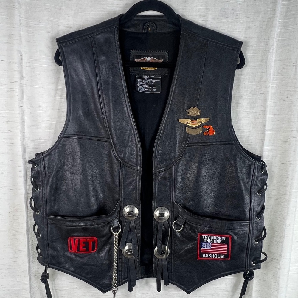 Harley-Davidson Leather Vintage Biker Vest Laced Sides. Vet Patch+more.  Large